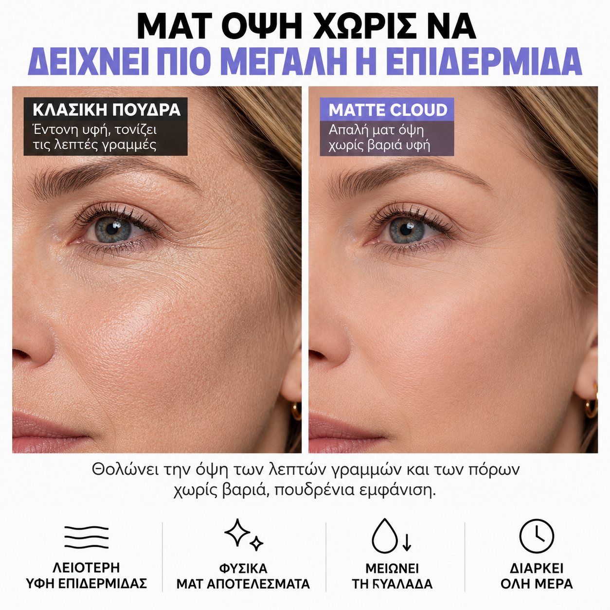 MATTE CLOUD — σύγκριση με κλασική πούδρα, απαλό ματ αποτέλεσμα